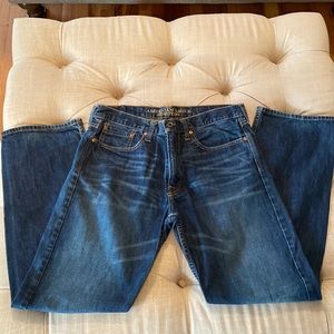 Men’s American Eagle jeans, size 33x32, Relaxed straight, dark blue distressed.